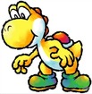 Yellow Yoshi looks down.